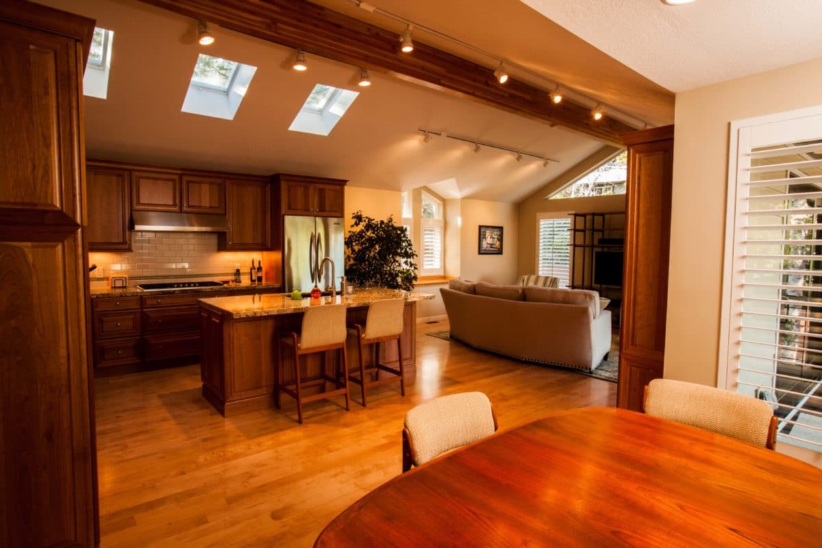 Large kitchen with wood cabinets and tan walls
