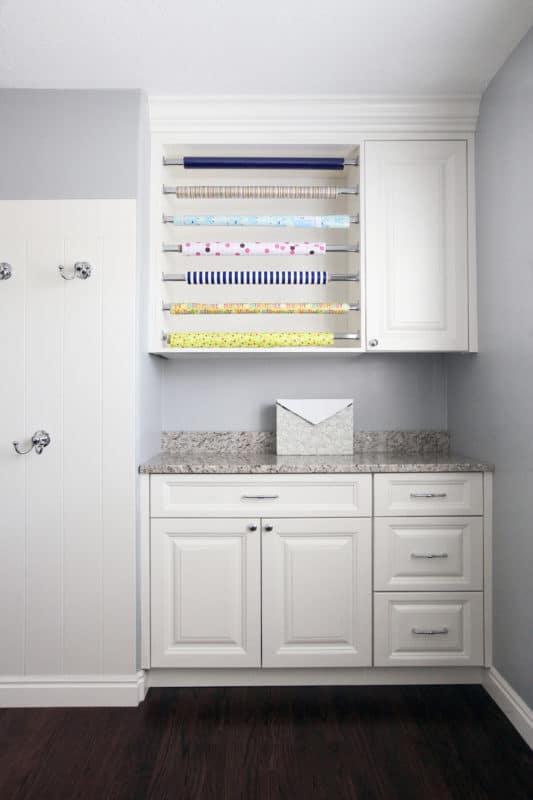 white cabinets and wrapping station in a laundry room