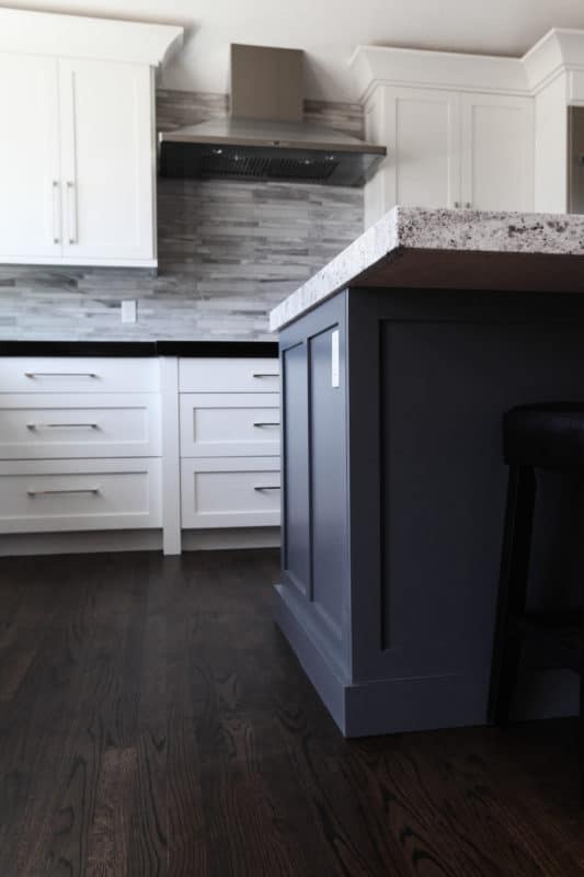 shaker style white cabinets, web gray shaker style cabinets, stacked waterfall niagara tile.